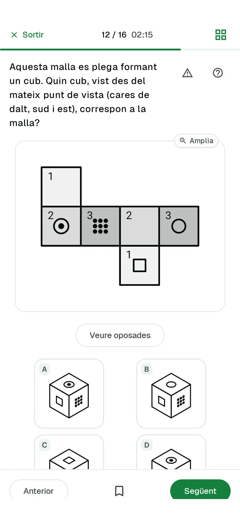 El desenvolupament d'un cub a l'app d'Android, amb les cares oposades marcades