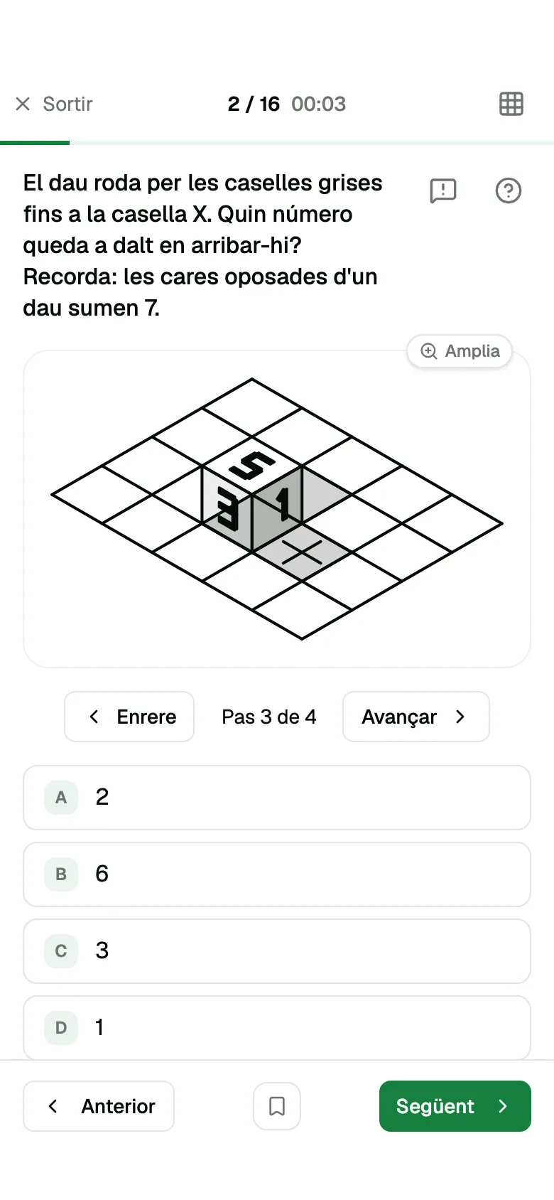 Exercici del dau rodant a l'app d'Encert per a Agents Rurals, amb l'ajuda pas a pas
